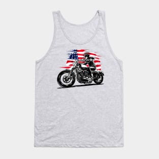 Woman biker on motorcycle with American flag Tank Top